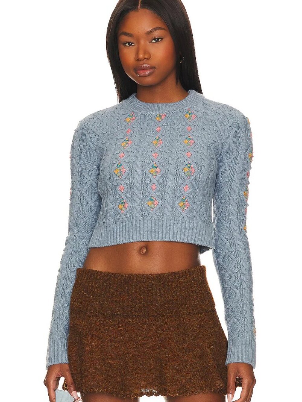 MAJORELLE Mansi Cropped Knit Floral Cable Sweater Blue Revolve